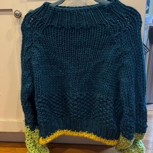 Cozy Knit Sweater - Deep Teal with Light green sleeve ends & yellow bottomborder